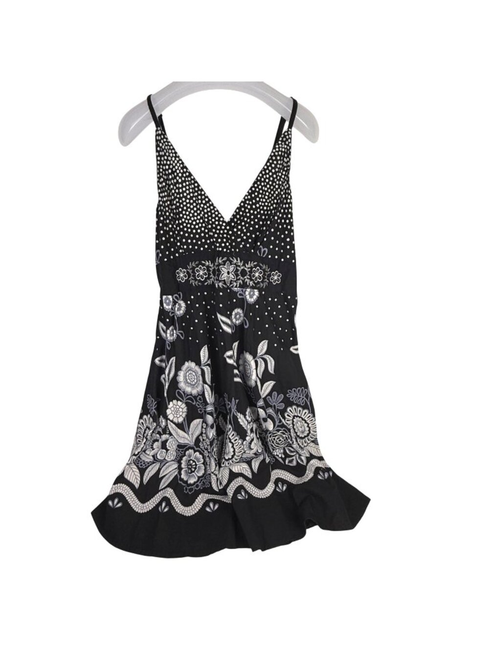 Michelle Black & White Floral Polka-Dot Embroidered Summer Dress Empire Waist Si